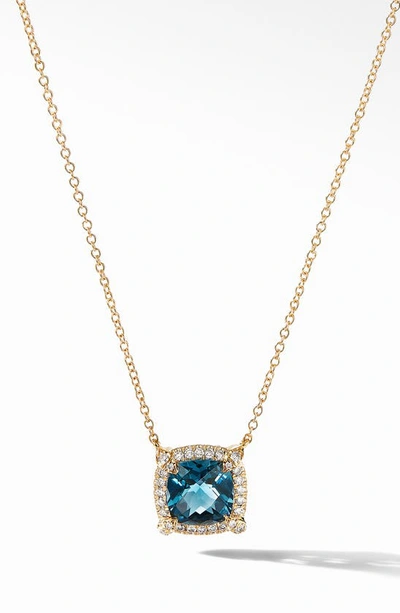 David Yurman Petite Chatelaine Pave Bezel Pendant Necklace In 18k Yellow Gold With Hampton Blue Topaz