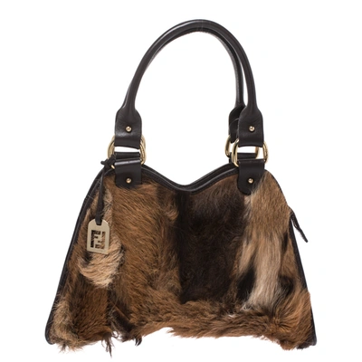 Pre-owned Fendi Brown Calfhair And Leather Devil Trapezio Shoulder Bag