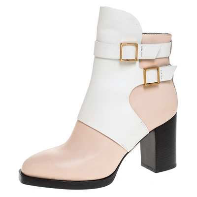 Pre-owned Tod's White/peach Leather Buckle Ankle Boots Size 38.5