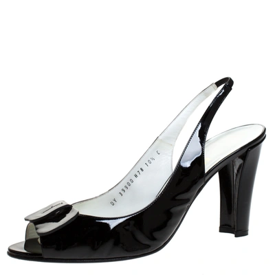 Pre-owned Ferragamo Black Patent Leather Bow Peep Toe Slingback Sandals Size 41