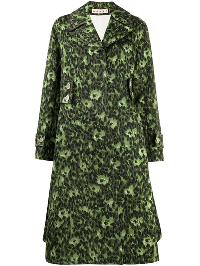 Marni Leopard-print Matelassé Trench Coat In Green