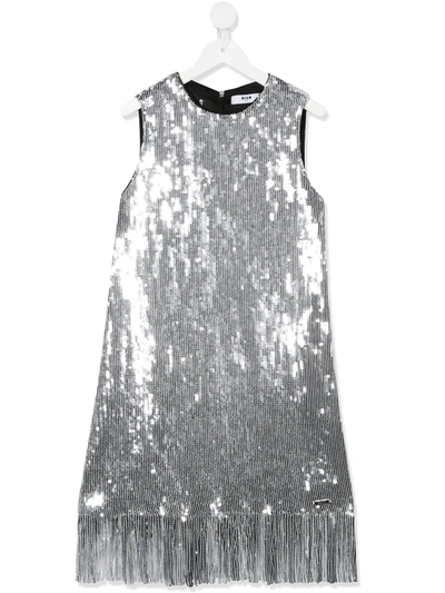 Msgm Teen Sequin Frayed Dress In Silver