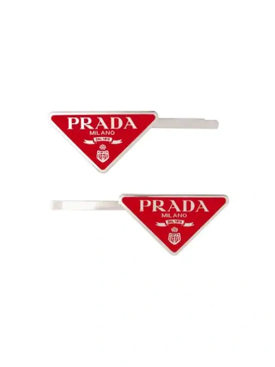 Prada Triangle Logo Hair Clips In Red