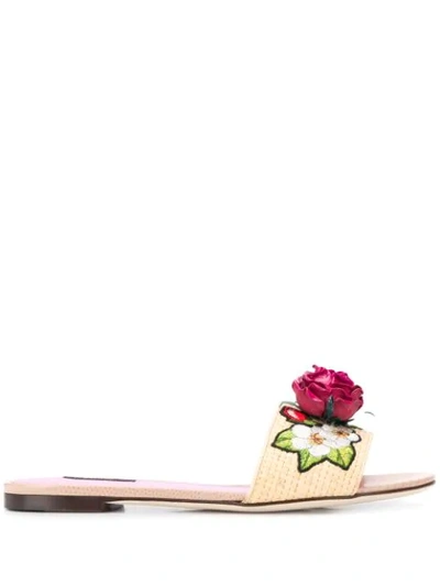 Dolce & Gabbana Braided Raffia Sliders With Floral Embroidery In Neutrals