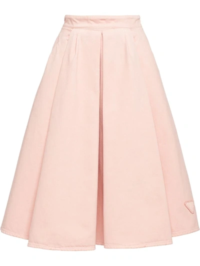 Prada A-line Pleated Denim Midi-skirt In Pink
