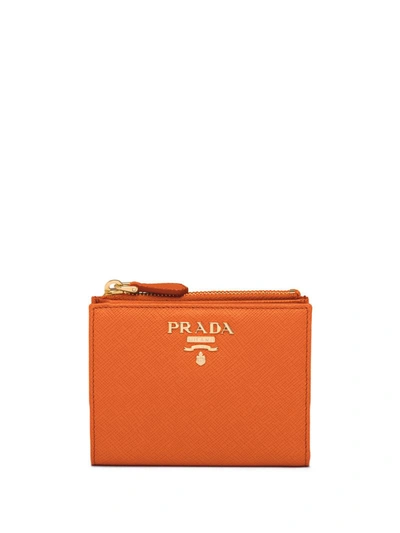 Prada Lettering Logo Compact Wallet In Orange