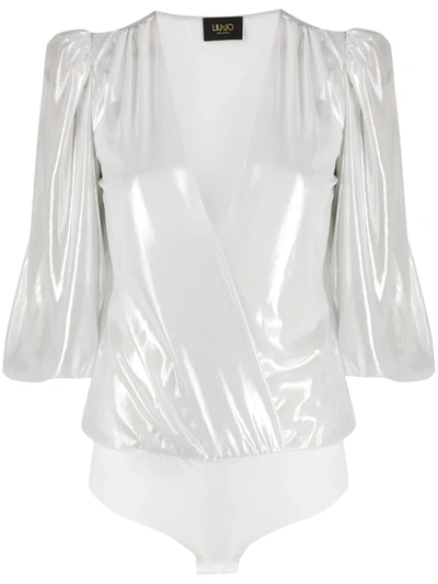 Liu •jo Bell Sleeve Plunge Bodysuit In Silver
