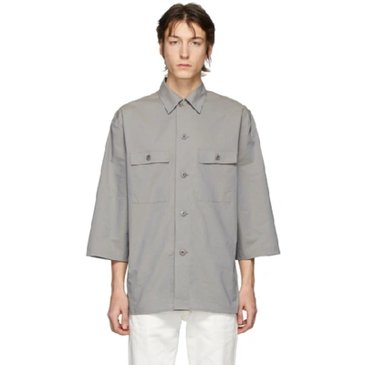 Lemaire Tropical Cotton Poplin Short Sleeve Button-up Shirt In Grey