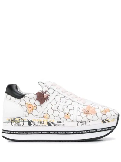 Premiata Sneakers In Leather With Applications And Embroidery In White