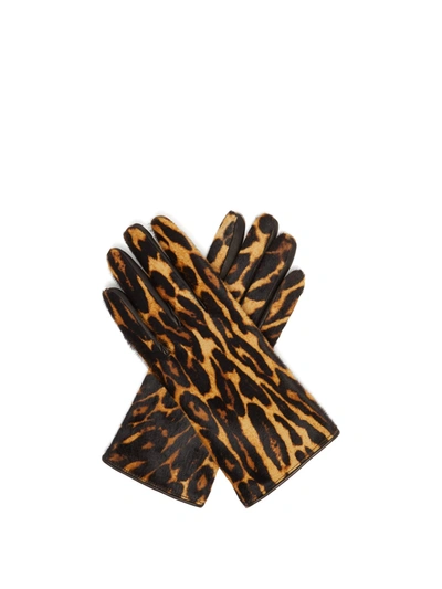 Burberry Leather-trimmed Leopard-print Calf Hair And Checked Twill Gloves In Leopard Print