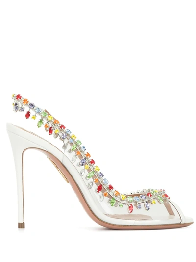 Aquazzura Temptation 105 Crystal-embellished Pvc And Leather Slingback Pumps In White