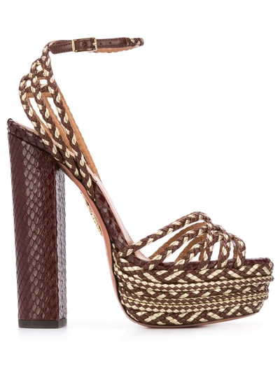 Aquazzura Cozumel 140 Braided Leather Platform Sandals In Chocolate