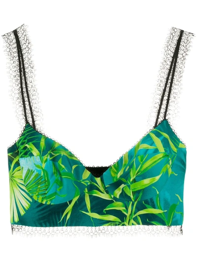 Versace Lace-trimmed Printed Silk-twill Bustier Top In Green