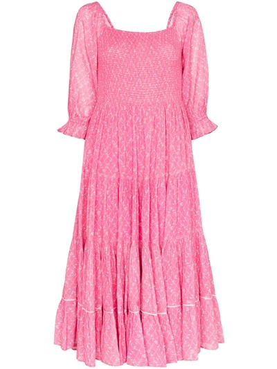 Loveshackfancy Rigby Shirred Floral-print Cotton-gauze Midi Dress In Pink
