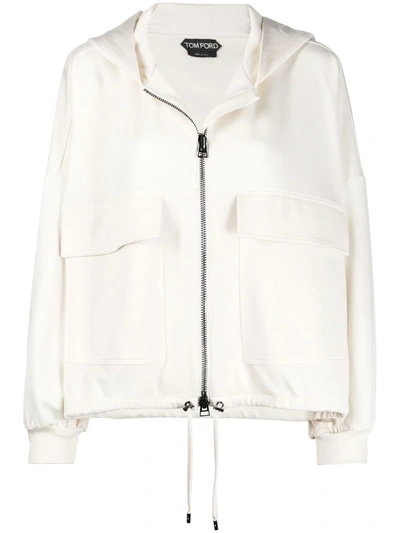 Tom Ford Hooded Paneled Jersey, Satin And Piqué Track Jacket In White