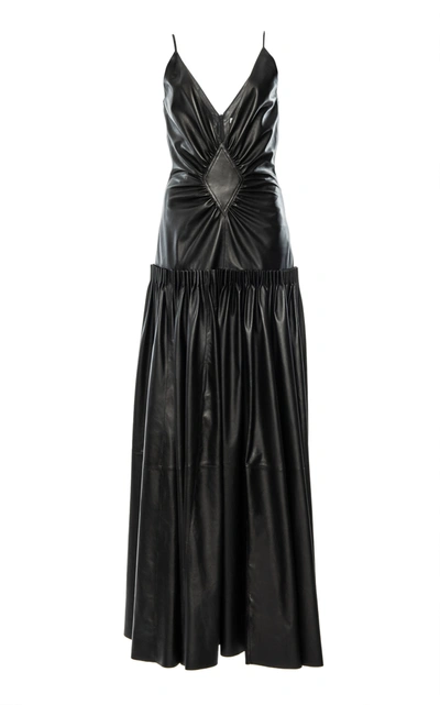 Loewe Tiered Gathered Leather Maxi Dress In Black