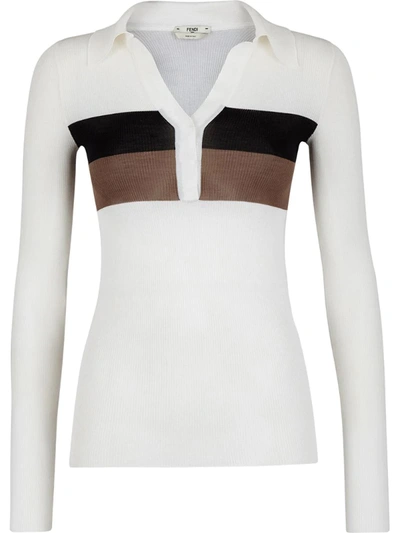 Fendi Striped Ribbed Silk Polo Shirt In White