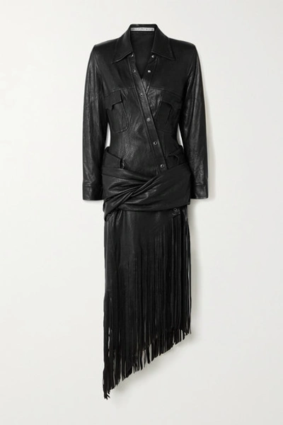 Alexander Wang Asymmetric Fringed Draped Leather Shirt Dress In Black