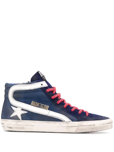 Golden Goose Slide Distressed Suede And Rubber Sneakers In Blue Nubuck/ White Star