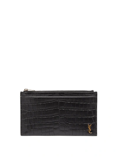 Saint Laurent Ysl-plaque Crocodile-effect Leather Pouch In Black