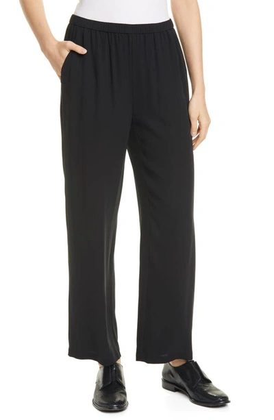 Eileen Fisher Plus Size Straight-leg Silk Georgette Crepe Ankle Trousers In Black