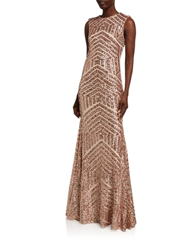 Jovani Graphic Beaded Open-back Column Gown In Brown