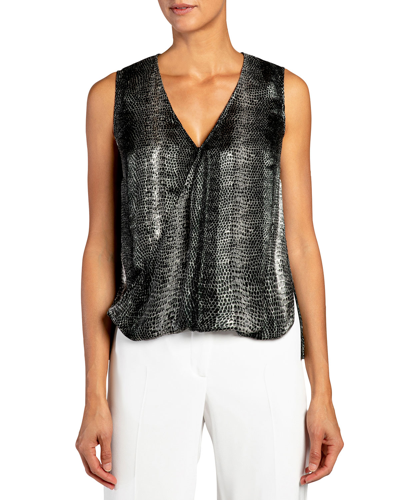 Santorelli Keona Python Shadow Stripe Silk Surplice Top In Black