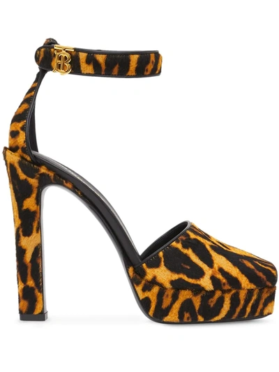 Burberry Leopard Print Calf Hair Peep-toe Sandals In Black