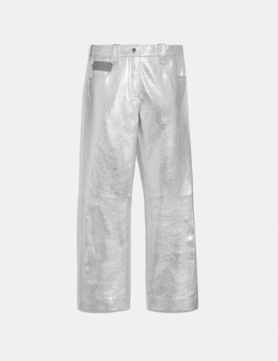 Coach Metallic Leather Pants In Grey - Size 10 In Silver