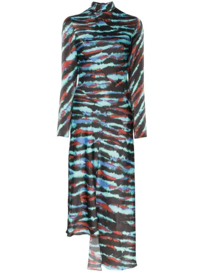 House Of Holland Asymmetric Tie-dyed Satin Midi Dress In Blue