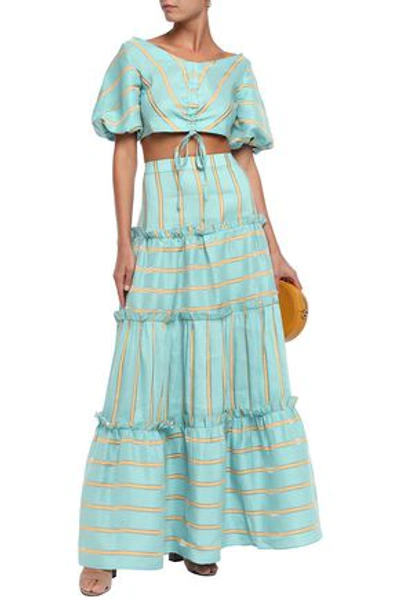 Paper London Hazy Daze Cropped Striped Linen-blend Blouse In Turquoise