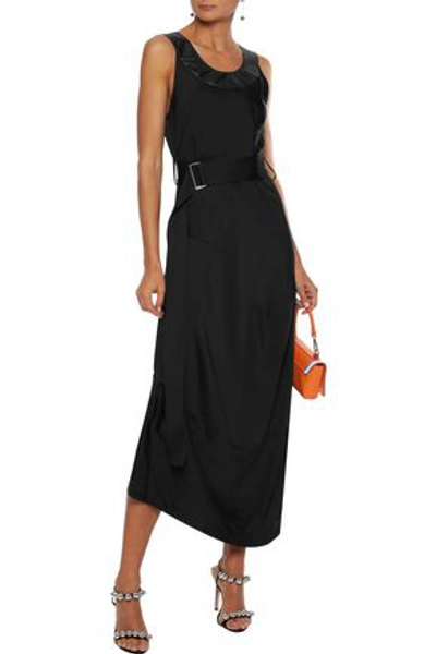 Victoria Beckham Belted Leather-trimmed Satin Midi Dress In Black
