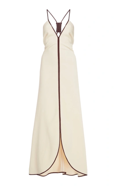 Victoria Beckham Open-back Leather-trimmed Crepe Midi Dress In Cream
