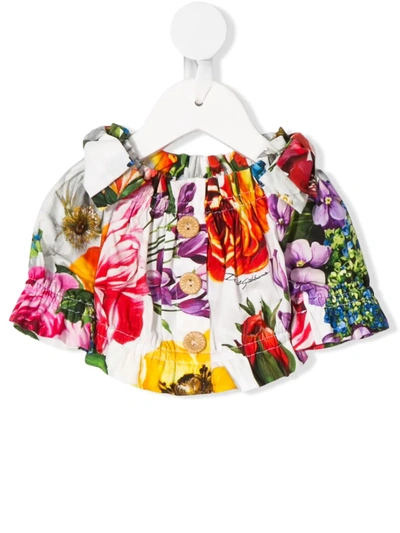 Dolce & Gabbana Babies' Floral Print Off-the-shoulder Top In Multicolor