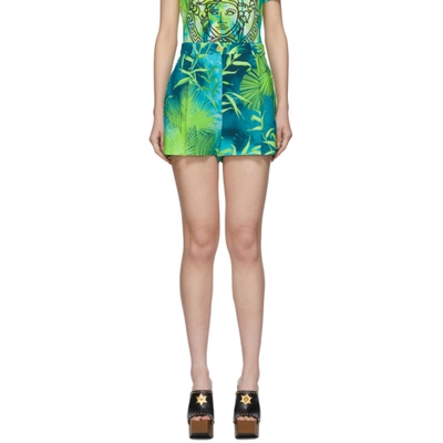 Versace Jungle Print Viscose Crepe Shorts In Blue