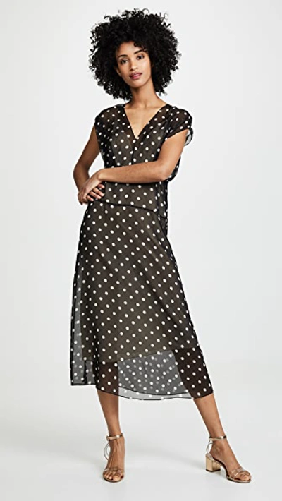 Theory Deep V Dot-print Sleeveless Silk Midi Dress In Black Multi