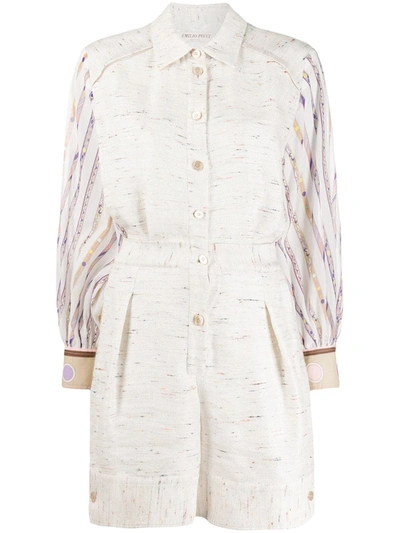 Emilio Pucci Paneled Printed Chiffon And Tweed Playsuit In Neutrals