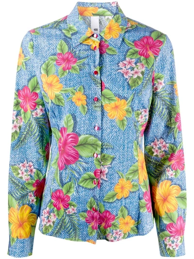 Ultràchic Long Sleeve Floral Print Denim Shirt In Blue