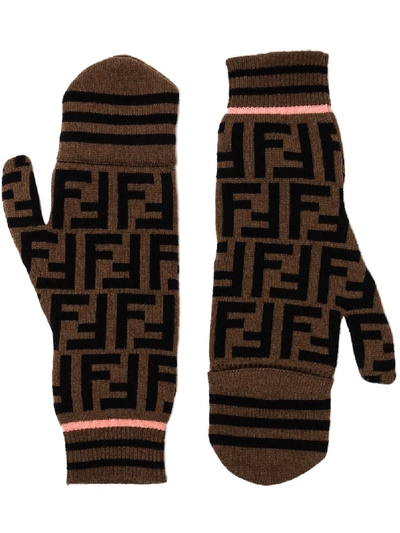 Fendi Ff Motif Pattern Mitten Gloves In Brown