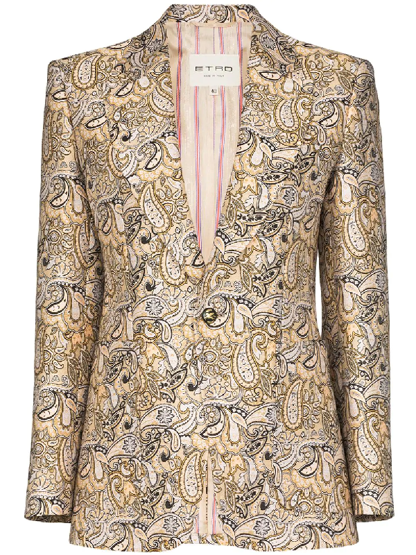 Etro Single Breasted Paisley Print Blazer In Yellow Modesens