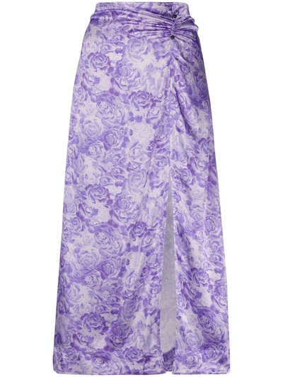 Ganni Ruched Floral-print Satin Midi Skirt In Purple,white