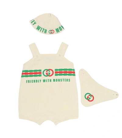 Gucci Baby Cotton Playsuit, Hat And Bib Set In White
