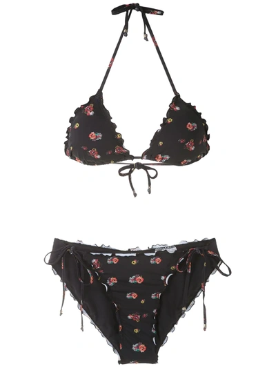 Amir Slama Floral Triangle Bikini Set In Black