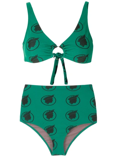 Amir Slama Índio Print High Waisted Bikini Set In Green