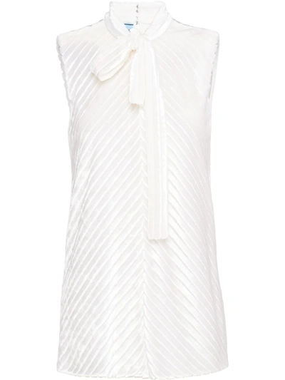 Prada Tie-neck Sleeveless Velvet Blouse In White
