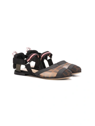 Fendi Kids' Ff Logo Strap Ballerinas In Black