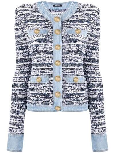 Balmain Button Up Tweed And Denim Jacket In Blue-med