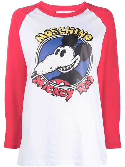 Moschino Mickey Rat Print Long Sleeve T-shirt In White