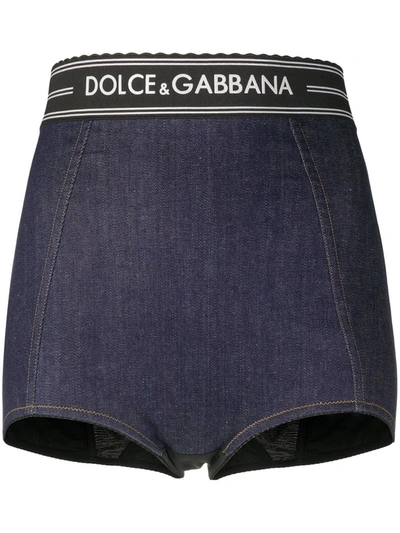 Dolce & Gabbana High-waist Logo Denim Shorts In Blue