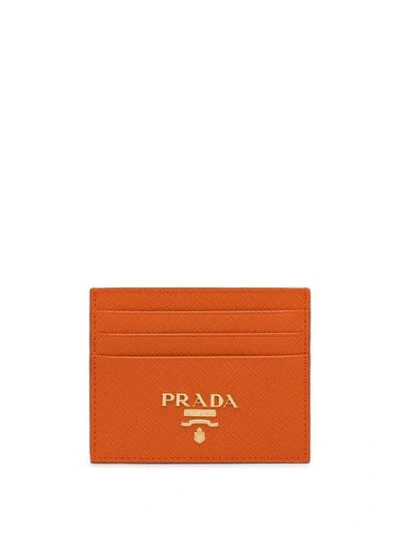 Prada Saffiano Logo Plaque Card Holder In Orange